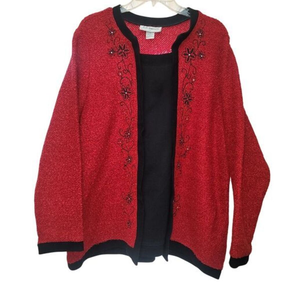 Cathy Daniels‎ Red Black W/Black Trim 2-in-1 Boucle Pullover Sweater Size 1X